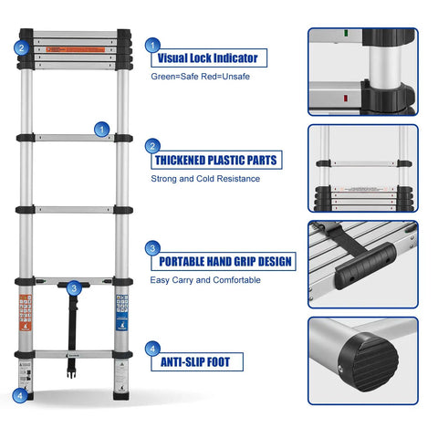 8.5 Foot Aluminum Telescoping Ladder With One Button Retraction Easy Pull Portable Foldable Extension Ladder features overview