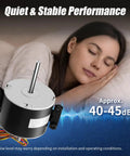 RV Air Conditioner Fan Motor With Capacitor 1/4 HP 3 Speed in foreground with sleeping woman, emphasizing quiet performance