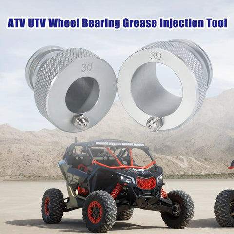 Essential Two Piece Wheel Bearing Greaser Tool Kit Featuring 30mm And 39mm Drive Adapters displayed on a UTV backdrop.