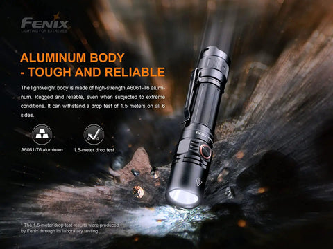 PD35 V3.0 Rechargeable Tactical Flashlight 1700 Lumens EDC With Organizer Black in aluminum body withstands 1.5-meter drop test