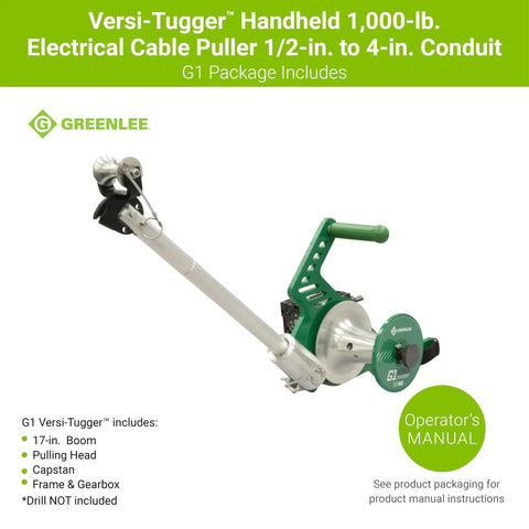 Greenlee G1 Versi-Tugger Handheld Cable Puller for 1/2-in. to 4-in. conduit with 17-in. boom and operator manual.