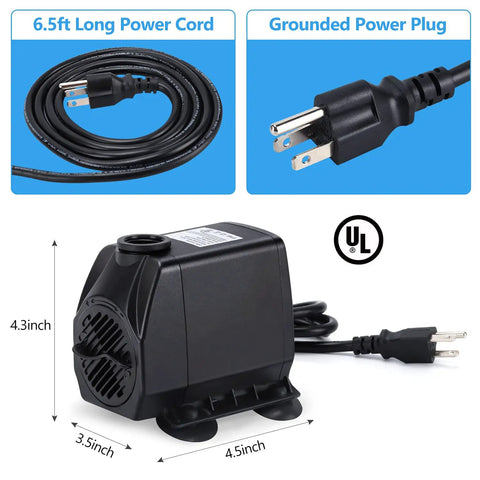 880 GPH Submersible Fountain Pump 60W Built Tough For Outdoor Use With 6.5 Foot Tubing And Half Inch ID Three Nozzles