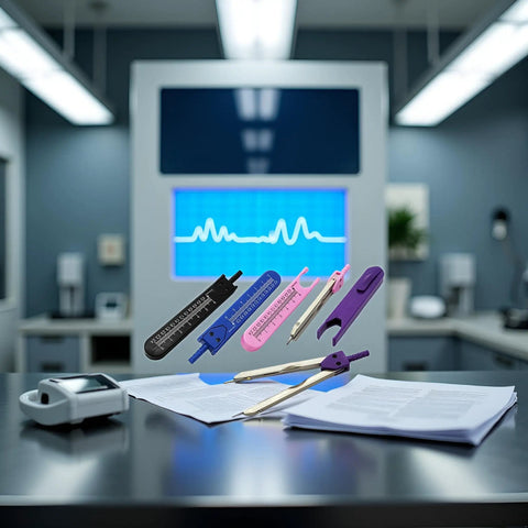 Purple EKG Calipers With Built In Ruler, Dead On Accuracy For Electrocardiogram Measurements, total tools on a table in a clinical setting.