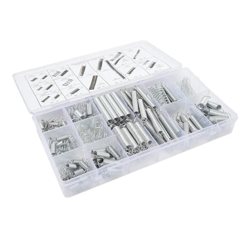 Huge 200 Pcs Compression And Extension Spring Kit With 20 Diverse Sizes, Premium Zinc Plated Steel Assortment For Car Repair, DIY Hacks, Home Maintenance Projects, And Quick Fixes In A Clear Organized Case. Clear plastic case with assorted zinc-plated steel springs