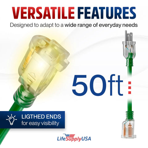 Close-up of Fifty Foot Tough As Nails Heavy Duty Indoor Outdoor Extension Cord with lighted end and visible plug.