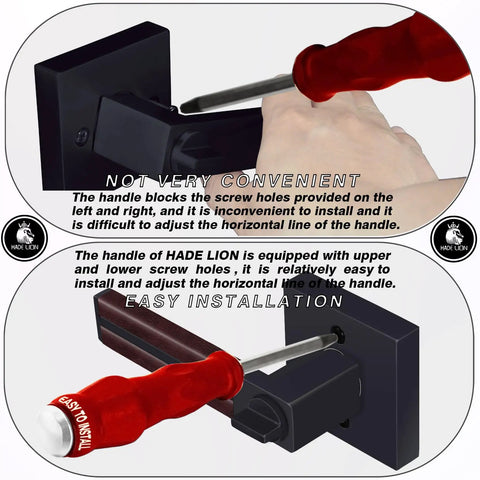 Comparison of screw installation for Six Pack Leather Wrapped Interior Door Handles With Keyless Privacy Lock Matte Black Lever Set