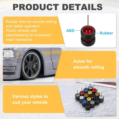 Four Piece 1 To 64 Scale Wheels And Tires Set For RC Diecast Cars And DIY Models with various styles and axles shown
