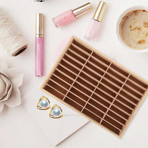 Kick Clutter To The Curb With This Premium Wooden Jewelry Tray Featuring Forty Velvet Lined Compartments, makeup products nearby.