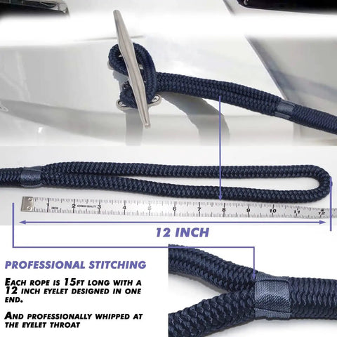 Rock Solid 1/2 Inch X 15 Feet Dock Lines Navy Blue 4 Pack Marine Grade Double Braided Nylon Boat Rope with 12 inch eyelet