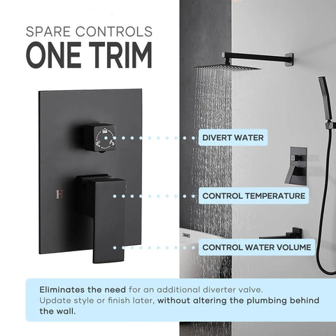 Top Shelf Matte Black Shower Faucet Set With 10 Inch Rainfall Shower Head And Tub Spout, Solid Stainless Steel Bathroom Fixture With Triple Spray Functions for easy water control.