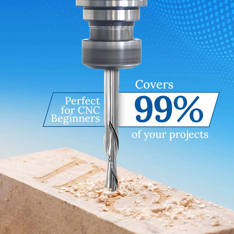 Complete CNC Router Bit Set For Woodworking, Nine Solid Carbide Bits With One Quarter Inch Shanks in use on wood.