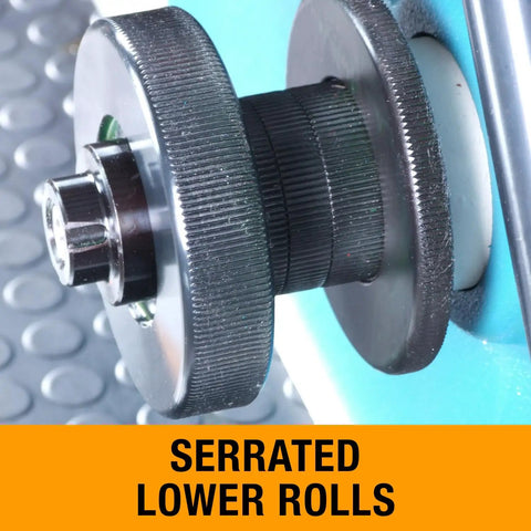 Close-up of serrated lower rolls on Variable Speed Ring Roll Bender for 2 inch tubing and 1.5 inch schedule 40 pipe.