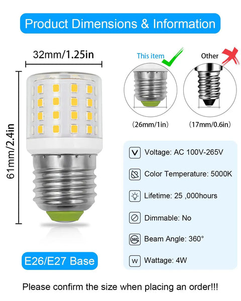 LED Refrigerator Light Bulb 4W Replacement For AC 100-265V, 580LM, 5000K Daylight White, E26 base dimensions and specifications