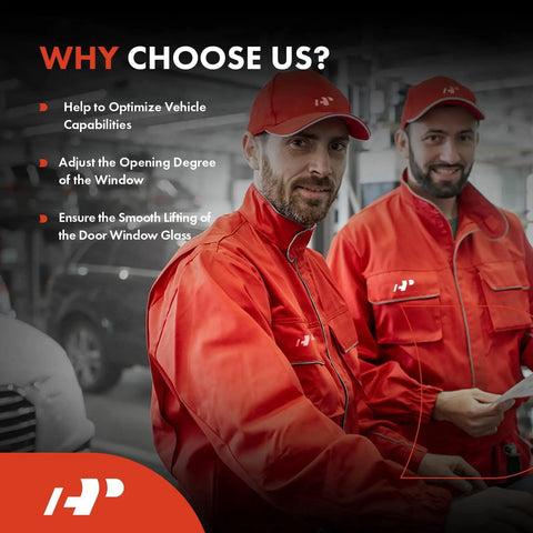 Two mechanics in red uniforms with why choose us text and three bullet points about vehicle window adjustment and smooth operation.