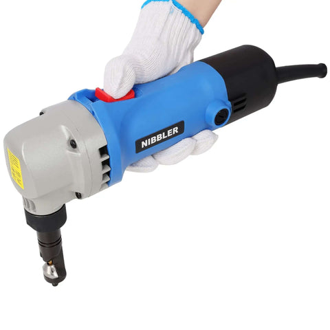 Person using Powerful 550W Sheet Metal Nibbler With 2000 RPM Speed And 360 Degree Rotation Cuts 16 Gauge Steel Aluminum Copper.