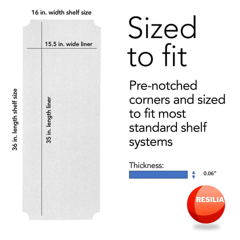 Rock-Solid Heavy-Duty Shelf Liners For Wire Rack Storage - Non Slip Clear Vinyl Mats display with measurements for shelf fit.