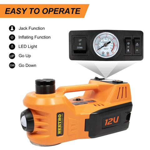 5 Ton 12V Electric Car Jack Kit With Portable Wrench And Tire Inflator Pump, LED Work Light And Warning Light control panel with gauges.