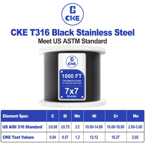 One Eighth Inch Black Stainless Steel Cable Wire Rope, 1000 Ft Spool, Heavy Duty T316 Marine Grade, 7x7 Aircraft Wire.