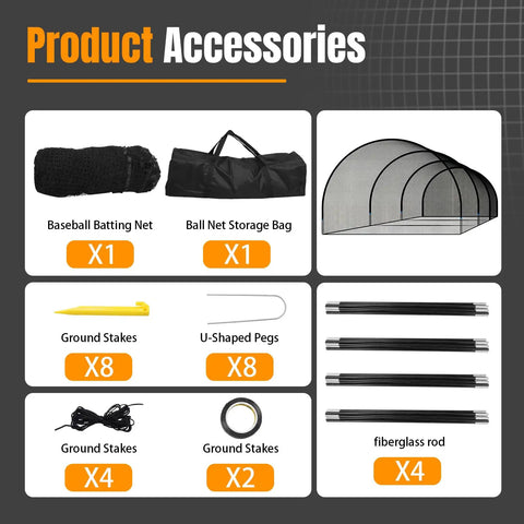 Accessories for Portable 30Foot Baseball And Softball Batting Cage including net, storage bag, stakes, pegs, and fiberglass rods