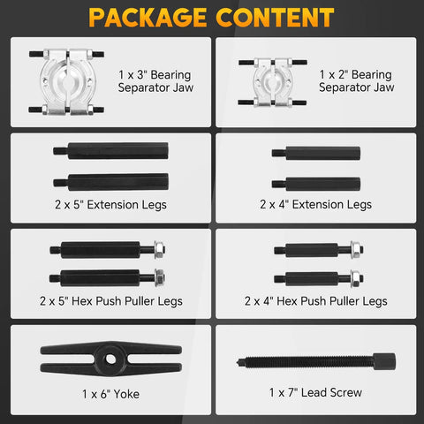 Package contents of Heavy Duty 5 Ton Bearing Puller Set With 2 Inch And 3 Inch Jaws, Bearing Separator Kit for cars, ATVs.