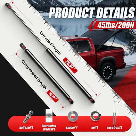 Premium Heavy Duty Gas Struts 27 Inch 45 Lb Force Pair Fits Truck Tonneau Cover Pickup Bed Topper And Rv Hatch Doors NoSlamBack Lockback Support System For Quick Installation with measurements