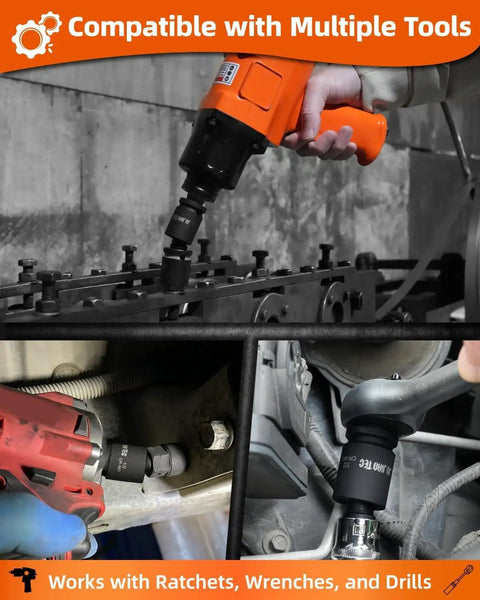 Beefy Impact Universal Joint Socket Swivel Set Three Piece Drive Half Inch Three Eighths Inch Quarter Inch 360 Degree Rotation Cr-Mo Steel Drop-Forged And Heat-Treated Black Oxide Finish in use with power tools and ratchets