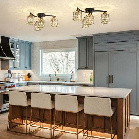 Kitchen with Four Light Crystal Flush Mount Ceiling Light in Black and Gold, modern farmhouse style with crystal shades.