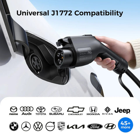 Portable J1772 EV Charger For All J1772 EVs And PHEVs Level 1 And 2 with 8-16A adjustable current being plugged into EV