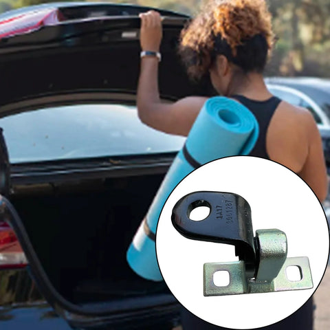 Automotive rear upper left hinge; black metal with mounting holes, close-up inset.