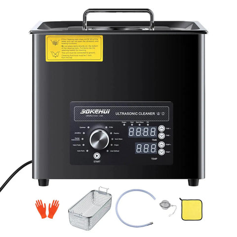 Pro Ultrasonic Cleaner Machine 10L Tub Tank With Digital Heater Timer Knob Control features control panel and accessories for deep cleaning.