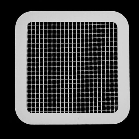 Top view of a square 10pcs Shower Drain Hair Catcher Mesh Sticker, white mesh design for effective drainage use.