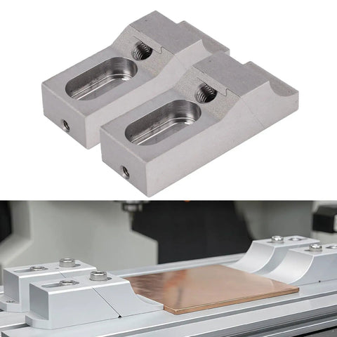 Low Profile Side Clamp Vise With Hardened S136H Mold Steel Arc Jaw Clamps displayed on CNC milling machine with copper workpiece.