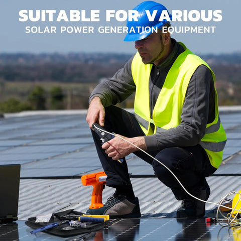Technician using All In One Solar Crimping Tool Kit With Stripper And Spanners, 10 Pairs MC4 Connectors For PV Cable Install on rooftop.