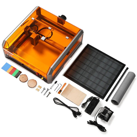 40W Laser Engraver With Acrylic Enclosure Air Assist Pump Honeycomb Bed Built In Camera And Safety Class 1 All In One Laser Engraving Machine Delivers Crazy Fast 40000 Millimeters Per Minute Speed For Wood Plastic Leather Metal Projects shown with accessories and materials