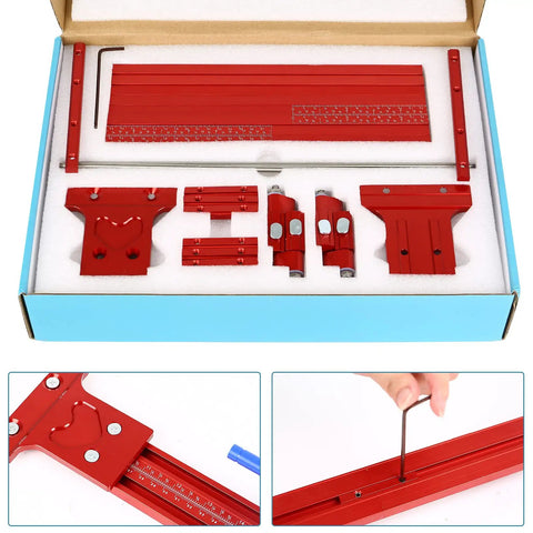 Components of Updated Inch Parallel Guide Rail System For Woodworking in red aluminum, shown in box with assembly details.