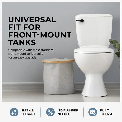Matte Black Front Mount Toilet Handle Replacement Kit With Universal Flush Lever For Most Standard Front Mounted Toilet Tanks Easy Install And Durable Build For Long Lasting Reliable Performance In Home Bathrooms shown on a white toilet