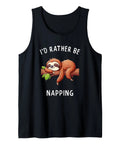 Black tank top with 'I'd Rather Be Napping' sloth design. I'd Rather Be Napping Tank Top For Lazy Days And Sloth Vibes.