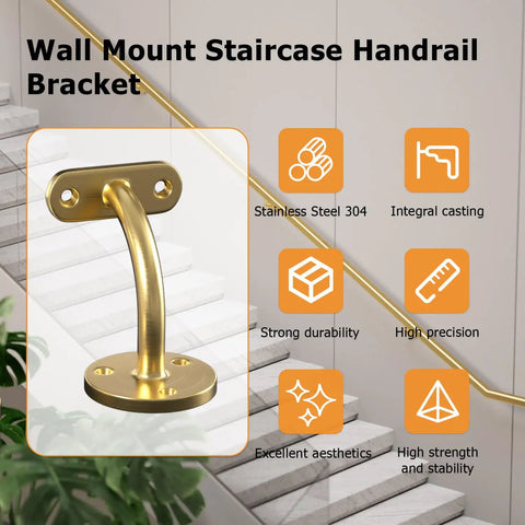 Top Shelf Heavy Duty Two Pack Stainless Steel 304 Wall Mount Handrail Brackets For Wood And Metal Stair Railings with smooth satin gold finish.