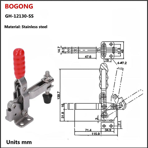 Heavy Duty Toggle Clamp With Stainless Steel Body And Plastic Handle, 227Kg Clamping Force with technical drawings