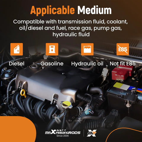 Engine bay showing compatibility chart for transmission fluid, coolant, oil, race gas with 16AN Fuel Line Kit With Nylon Braided CPE Rubber