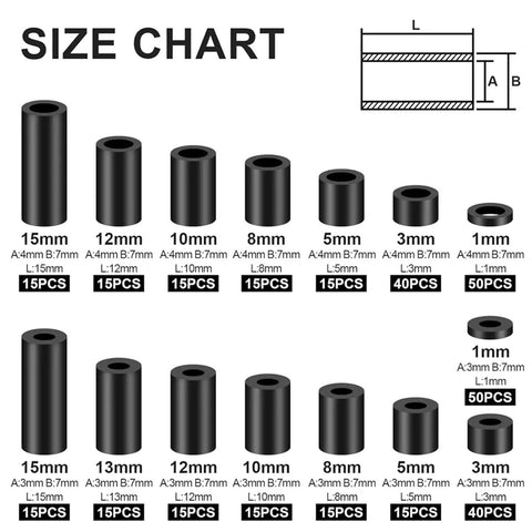 All In One Electrical Outlet Spacer Set With 1725 Nylon Spacers And 345 Screws M3 And M4 Black Round Spacers size chart
