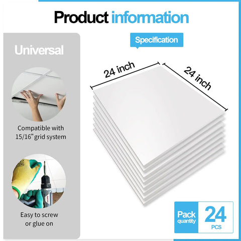 24 Pack Smooth Drop Ceiling Tiles 2x2 Feet Premium PVC Panels Waterproof Fire Rated Reusable No Sag Breakage White Cover 96 Sq Ft Easy DIY For Home Office Basement Kitchen stacked view