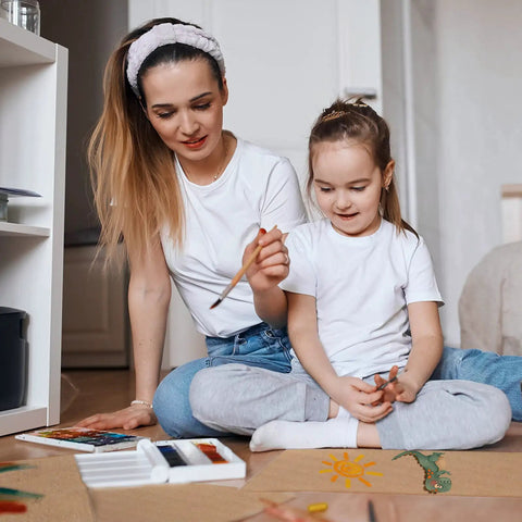 Mother and daughter using High Grade Corrugated Cardboard Sheets 50 Pack Brown 3mm Thickness 4 X 6 Inches for crafts.