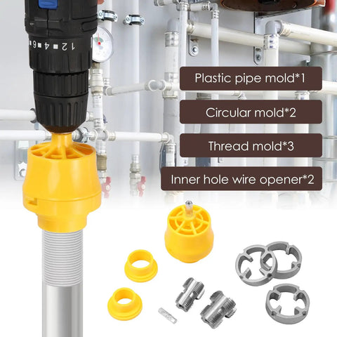 Turn Your Drill Into A Fast PVC Pipe Threading Pro With This Easy Thread Maker Kit It Includes Three Dies For One Half Inch Three Quarter Inch And One Inch PVC Pipes Reusable Tap Die Set For DIY Plumbing Projects shown with drill, threading heads, and dies.