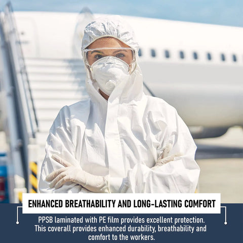 Person wearing Disposable Hazmat Suit 10 Pack With Hood Heavy Duty Breathable Coverall Painter Suit Medium Size near airplane