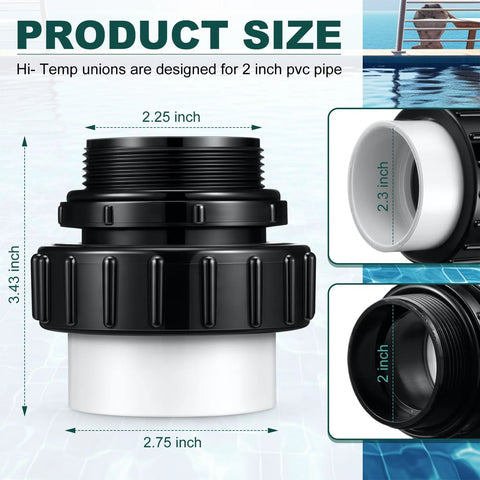 Front view of Briwooody 4-pack hi-temp pool pump unions, MIP to 2-inch PVC, black fittings with white adapters