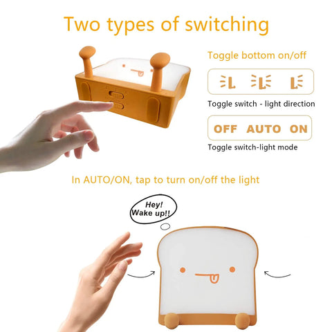Cool Toast Bread LED Night Light With Rechargeable Battery Portable Bedside Lamp for Bedroom Decor shown with toggle switch options