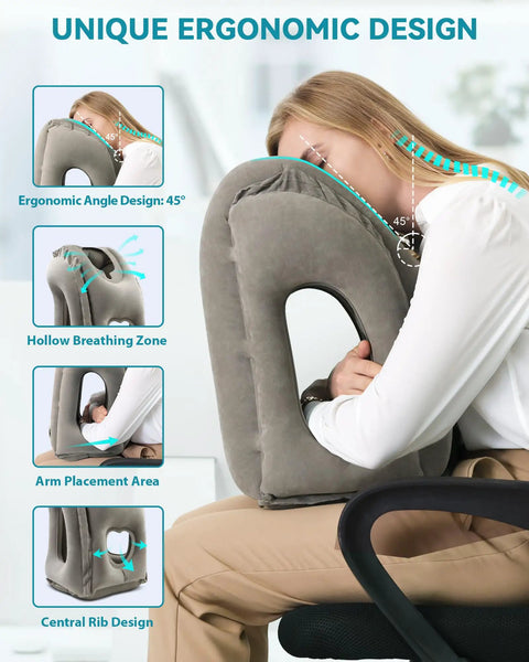 Person using Inflatable Travel Neck Pillow For Airplanes Trains And Cars With Ergonomic 45 Degree Support For Head And Chin, Grey.