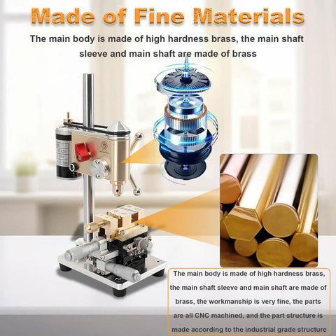 Compact Precision Variable Speed Mini Drill Press With Slide Portable Benchtop Machine showing brass components and CNC machined parts.