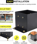 Heavy Duty 6x6 Post Base Brackets 8 Pack Built From 14 Gauge Steel With Black Powder Coat shown in installation diagram